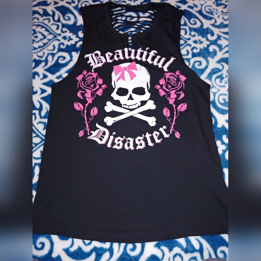 Beautiful Disaster slash back tank top. Size Med. Skull and pink roses.